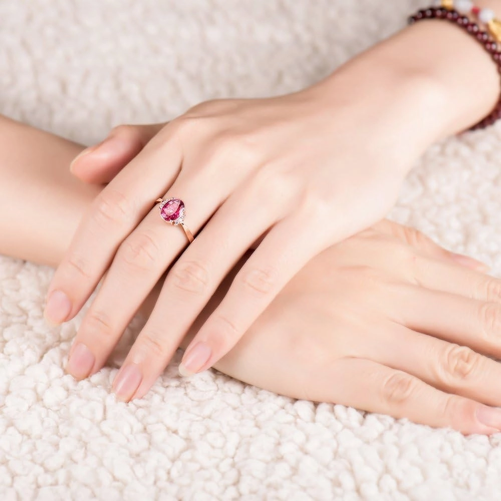Tourmaline Ring For Women, 14K Rose Gold Rings - Pink Tourmaline Ring, Oval 6x8mm Natural Tourmaline Pink Stone Ring & Real Diamond Gemstone Rings For Couple Engagement Ring