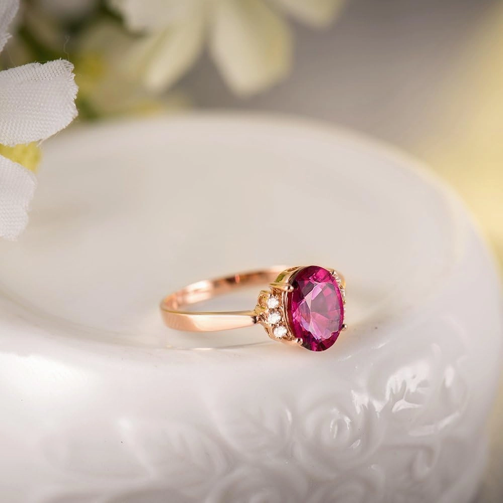 Tourmaline Ring For Women, 14K Rose Gold Rings - Pink Tourmaline Ring, Oval 6x8mm Natural Tourmaline Pink Stone Ring & Real Diamond Gemstone Rings For Couple Engagement Ring