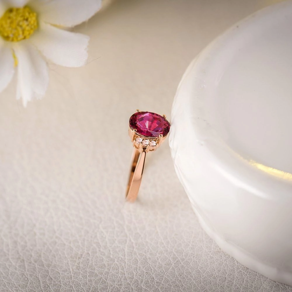 Tourmaline Ring For Women, 14K Rose Gold Rings - Pink Tourmaline Ring, Oval 6x8mm Natural Tourmaline Pink Stone Ring & Real Diamond Gemstone Rings For Couple Engagement Ring