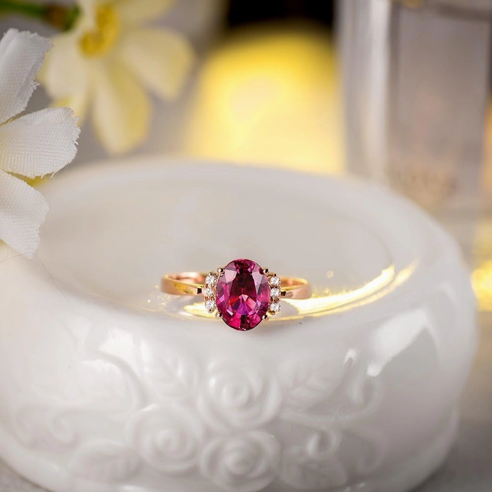 Tourmaline Ring For Women, 14K Rose Gold Rings - Pink Tourmaline Ring, Oval 6x8mm Natural Tourmaline Pink Stone Ring & Real Diamond Gemstone Rings For Couple Engagement Ring