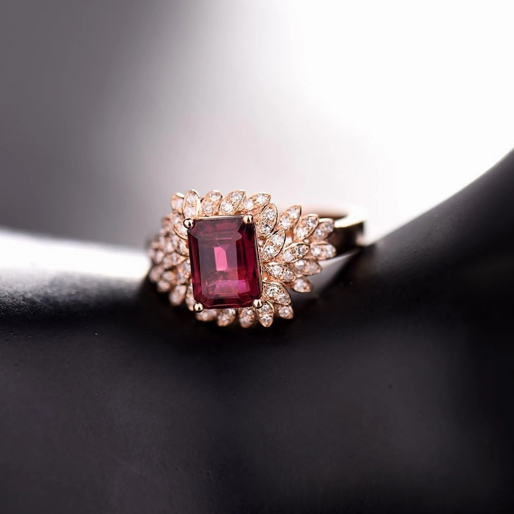 Tourmaline Ring For Women, 14K Rose Gold Rings - Pink Tourmaline Ring with Diamond, Natural Tourmaline Pink Gemstone Rings & Real Diamond Promise Rings For Her Engagement Ring