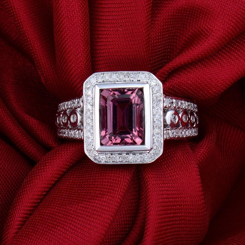 Tourmaline Ring For Women, 14K Solid White Gold Rings - Pink Tourmaline Ring with Diamond, Fashion 6x8mm Natural Tourmaline Pink Ring & Real Diamond Ring For Couple Engagement Ring
