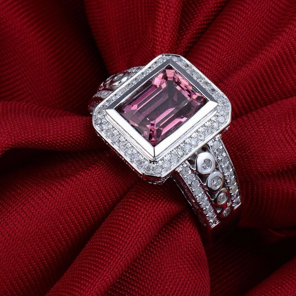 Tourmaline Ring For Women, 14K Solid White Gold Rings - Pink Tourmaline Ring with Diamond, Fashion 6x8mm Natural Tourmaline Pink Ring & Real Diamond Ring For Couple Engagement Ring