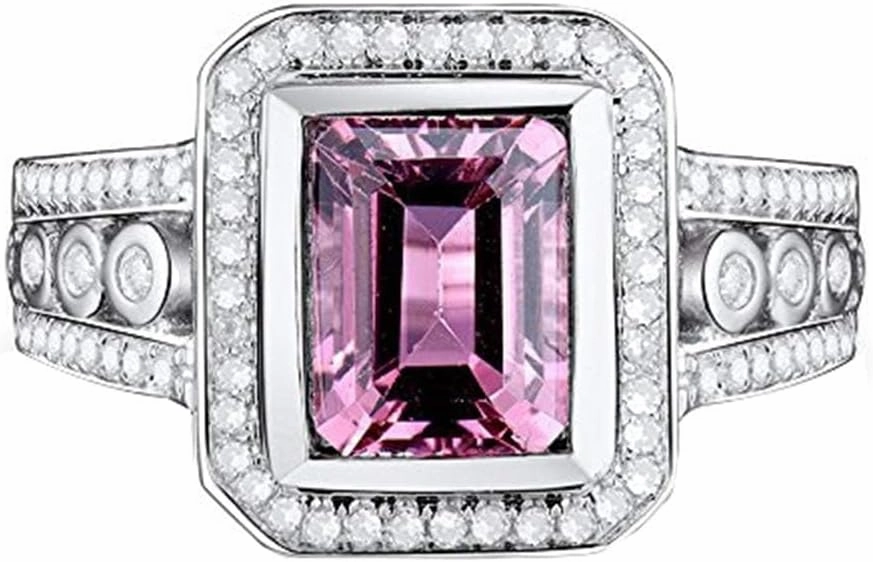 Tourmaline Ring For Women, 14K Solid White Gold Rings - Pink Tourmaline Ring with Diamond, Fashion 6x8mm Natural Tourmaline Pink Ring & Real Diamond Ring For Couple Engagement Ring