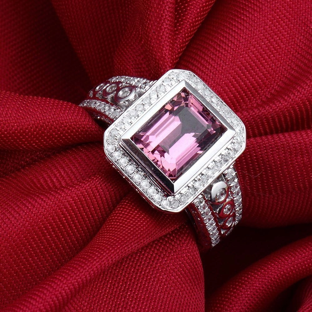Tourmaline Ring For Women, 14K Solid White Gold Rings - Pink Tourmaline Ring with Diamond, Fashion 6x8mm Natural Tourmaline Pink Ring & Real Diamond Ring For Couple Engagement Ring