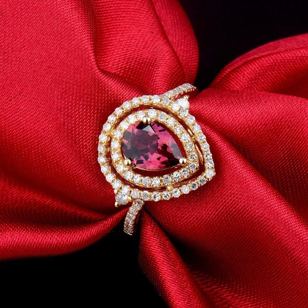 Tourmaline Ring For Women, 14K Yellow Gold Rings - Pink Tourmaline Ring with Diamond, Vintage Pear 6x8mm Tourmaline Pink Ring & Real Diamond Gemstone Rings For Couple Engagement Ring