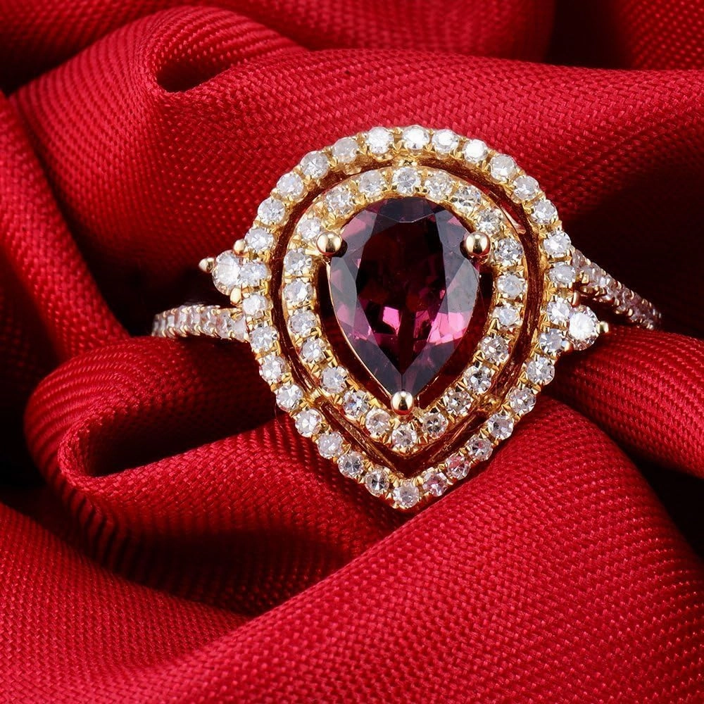 Tourmaline Ring For Women, 14K Yellow Gold Rings - Pink Tourmaline Ring with Diamond, Vintage Pear 6x8mm Tourmaline Pink Ring & Real Diamond Gemstone Rings For Couple Engagement Ring