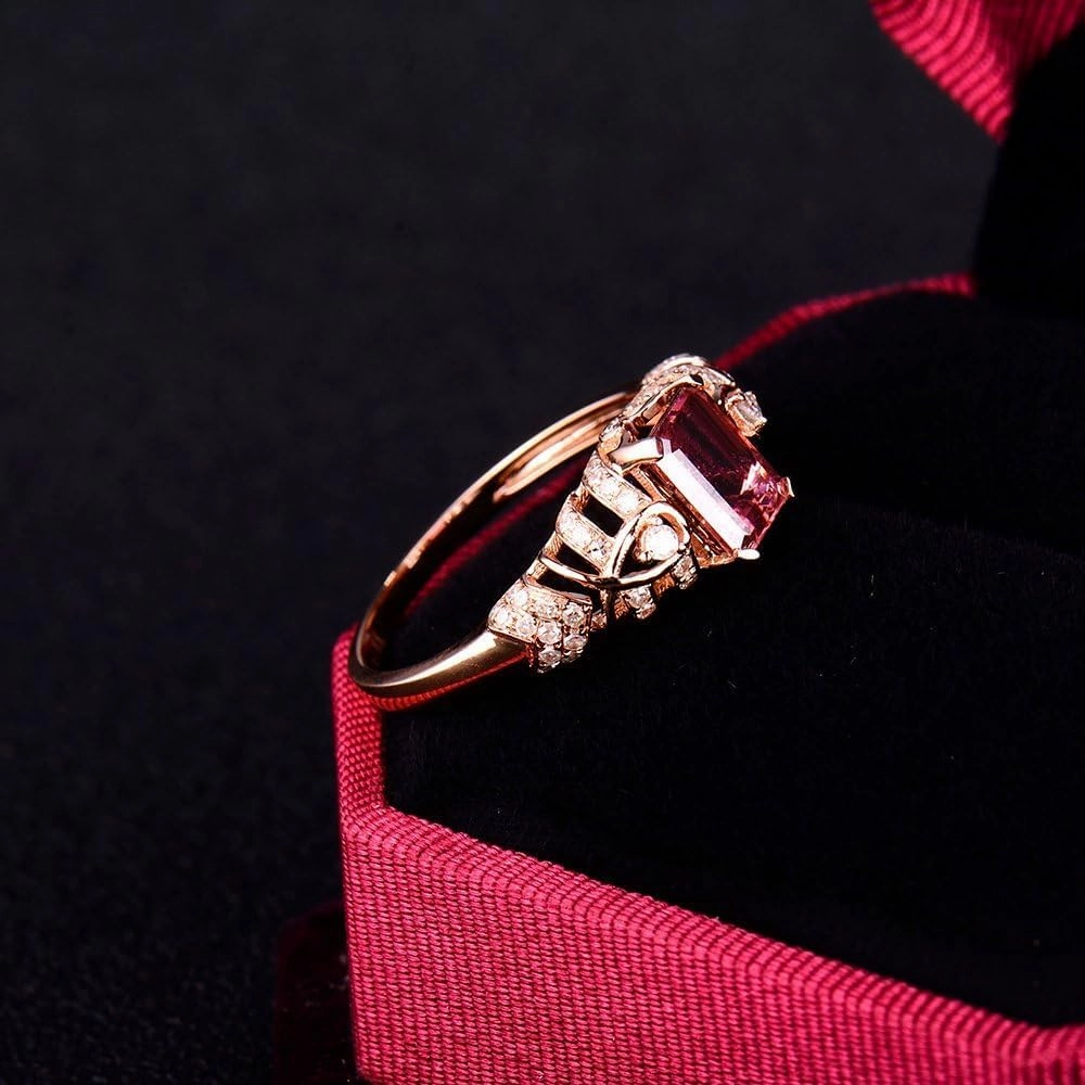 Tourmaline Ring For Women, 14kt Rose Gold Rings - Pink Tourmaline Ring with Diamond, Vintage 5x7mm Natural Tourmaline Pink Ring & Real Diamond Gemstone Rings For Couple Engagement Ring