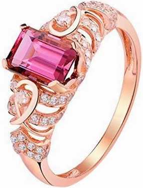 Tourmaline Ring For Women, 14kt Rose Gold Rings - Pink Tourmaline Ring with Diamond, Vintage 5x7mm Natural Tourmaline Pink Ring & Real Diamond Gemstone Rings For Couple Engagement Ring