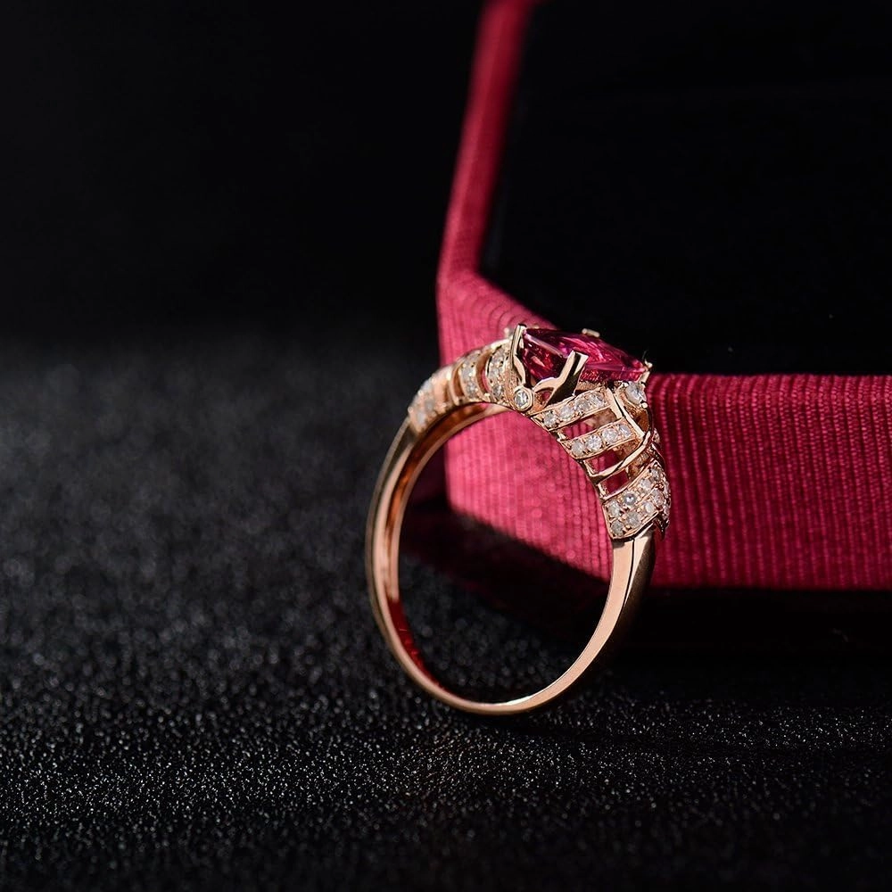 Tourmaline Ring For Women, 14kt Rose Gold Rings - Pink Tourmaline Ring with Diamond, Vintage 5x7mm Natural Tourmaline Pink Ring & Real Diamond Gemstone Rings For Couple Engagement Ring