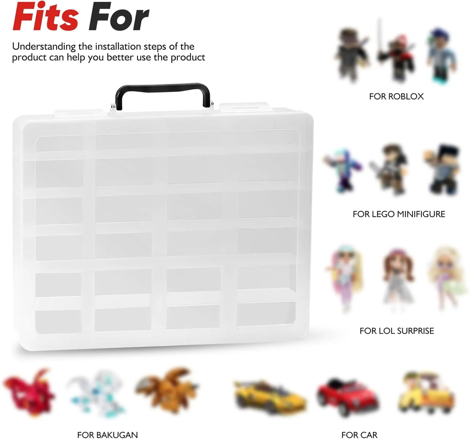 Toy Organizer Case with 24 compartments, Compatible With Hot Wheels Cars, Matchbox Cars, Mini Toys and Small Dolls etc. (Case only) (clear, 1pack)