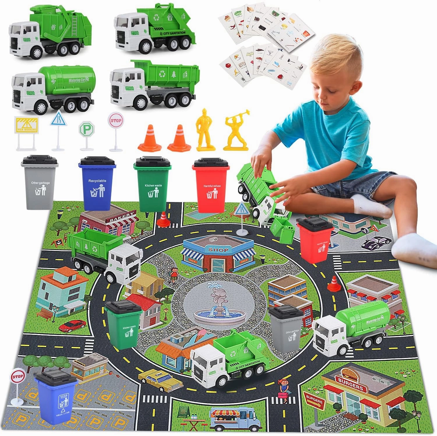 Toy Garbage Truck - Trash Truck Toys w/Play Mat, 4 Pcs 6 Inch Friction Powered Small Garbage Truck Toy, 8 Signposts, 4 Trash Bins with 108 pcs Trash Cards for Boys Age 3  Toddlers Kids Gift