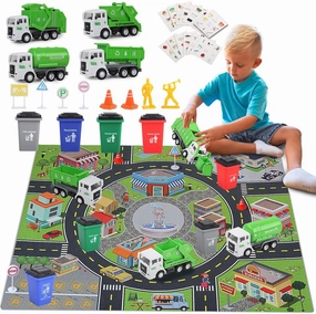 Toy Garbage Truck - Trash Truck Toys w/Play Mat, 4 Pcs 6 Inch Friction Powered Small Garbage Truck Toy, 8 Signposts, 4 Trash Bins with 108 pcs Trash Cards for Boys Age 3  Toddlers Kids Gift
