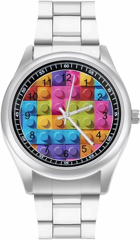 Toys Bricks Pattern Watches Stainless Steel Band Wristwatch Business Dress Watch for Work Home