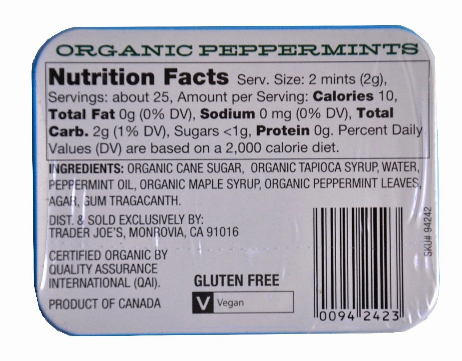 Trader Joe's Organic Peppermints, 1.41 oz Tin (Pack of 4) Gluten Free Vegan