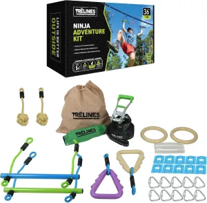 Trelines Ninja Warrior Obstacle Course for Kids, Most Attractive Lines and Gear for Backyard - 8 Ninja Obstacles - Monkey Bars, Gym Rings, Tree Rings, Fists. Great for Girls & Boys 5  Get Outside