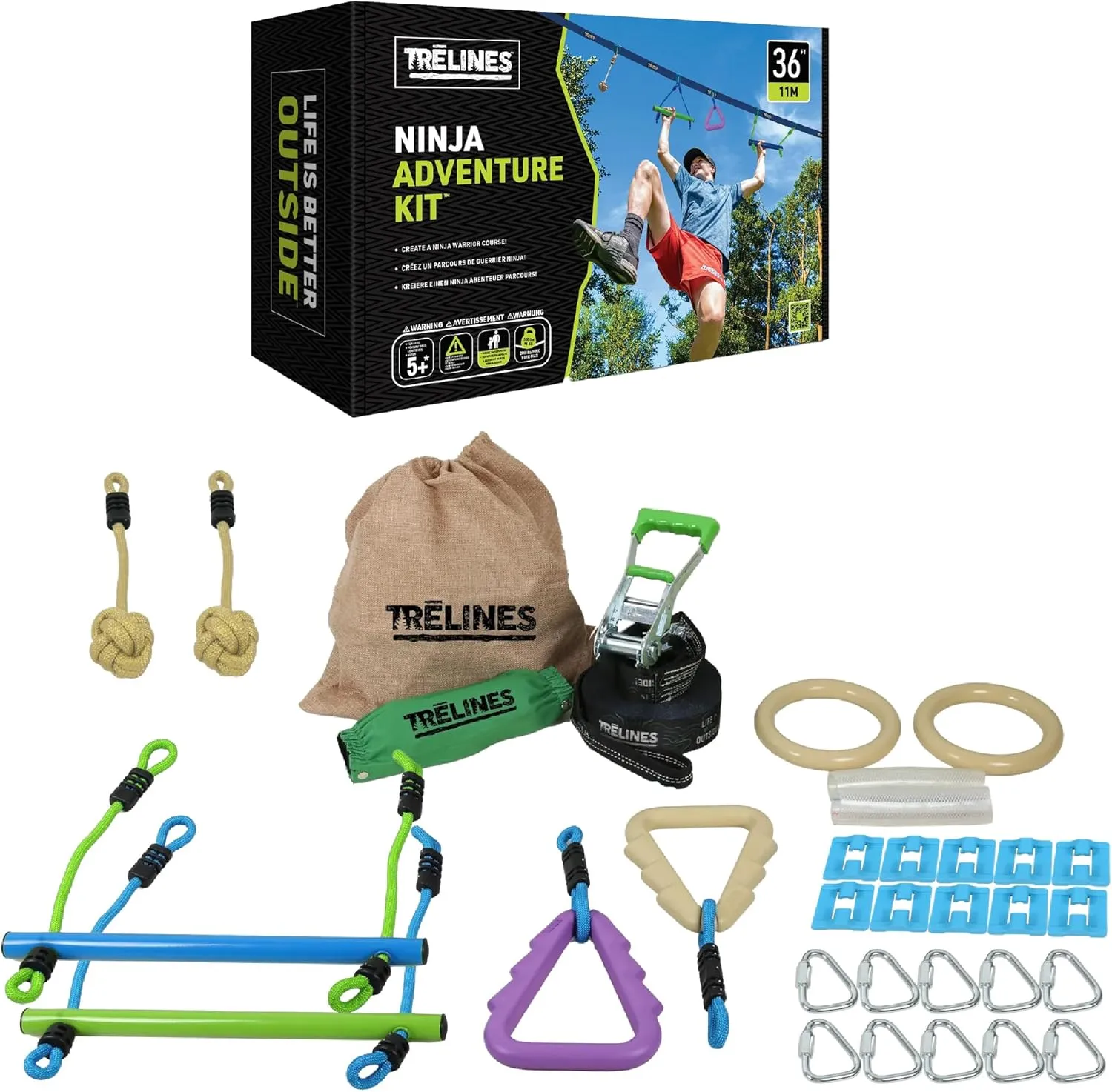 Trelines Ninja Warrior Obstacle Course for Kids, Most Attractive Lines and Gear for Backyard - 8 Ninja Obstacles - Monkey Bars, Gym Rings, Tree Rings, Fists. Great for Girls & Boys 5  Get Outside