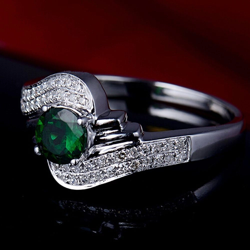Tsavorite Diamond Rings For Women, 14K White Gold Rings - Green Gemstone Ring, Natural Tsavorite Gemstone Rings & Real Diamond Fashion Rings For Couple Engagement Ring