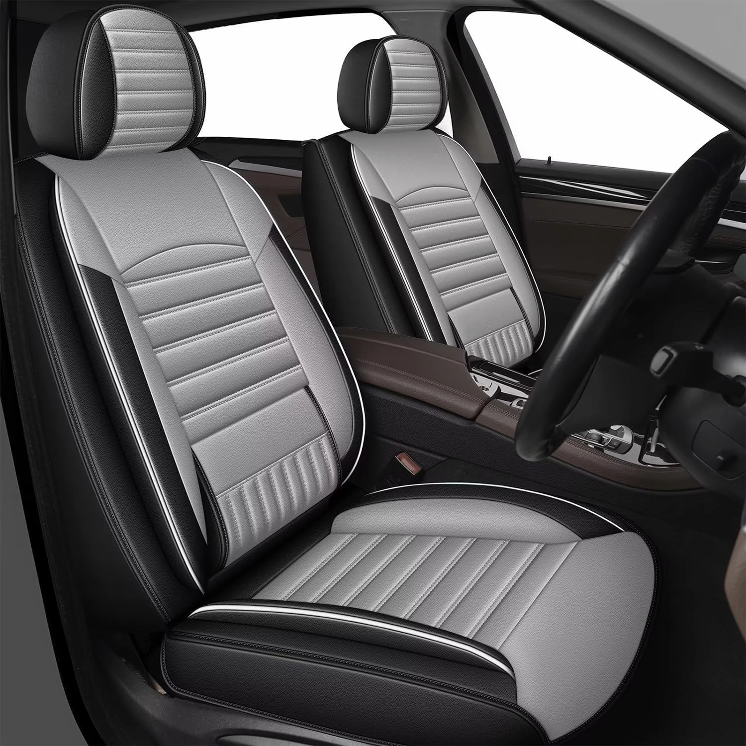 TTX LIGHTING 2 Front Car Seat Covers Fit for 2019-2024 2025 Subaru Ascent, Auto Set Seat Cushion Protector Waterproof Faux Leather Vehicle Cushion Cover Compatible with Airbag (White&Dark Grey)