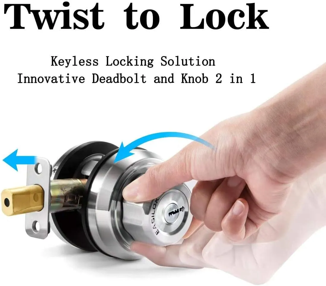 Twist to Lock Deadbolt Lock Without Any Keys with Anti-Mislock Button Front Door Lock Door Knob Set with Single Cylinder Stainless Steel casiting Promise Never Rust Night Latchenchanced Safety Silver