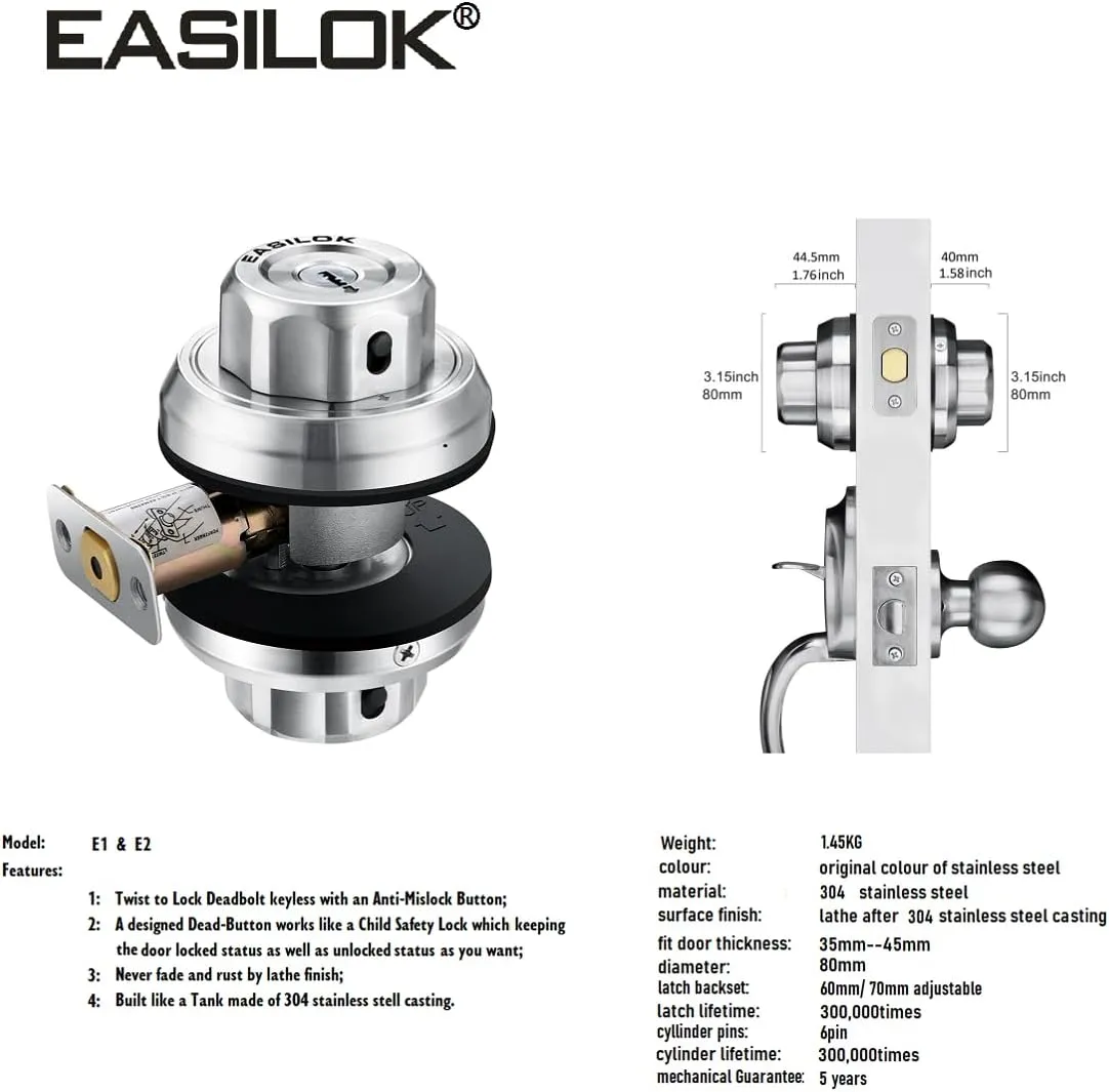 Twist to Lock Deadbolt Lock Without Any Keys with Anti-Mislock Button Front Door Lock Door Knob Set with Single Cylinder Stainless Steel casiting Promise Never Rust Night Latchenchanced Safety Silver