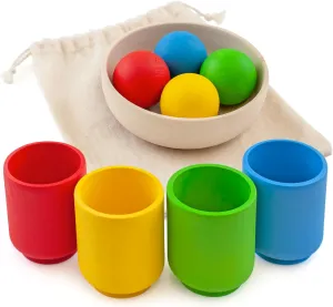 Ulanik Large Balls in Cups Starter Kit, Toddler Montessori Toys for 1 Year Old, Kids Wooden Matching Game for Learning Color Sorting and Counting — 4 Balls, 1.57 in