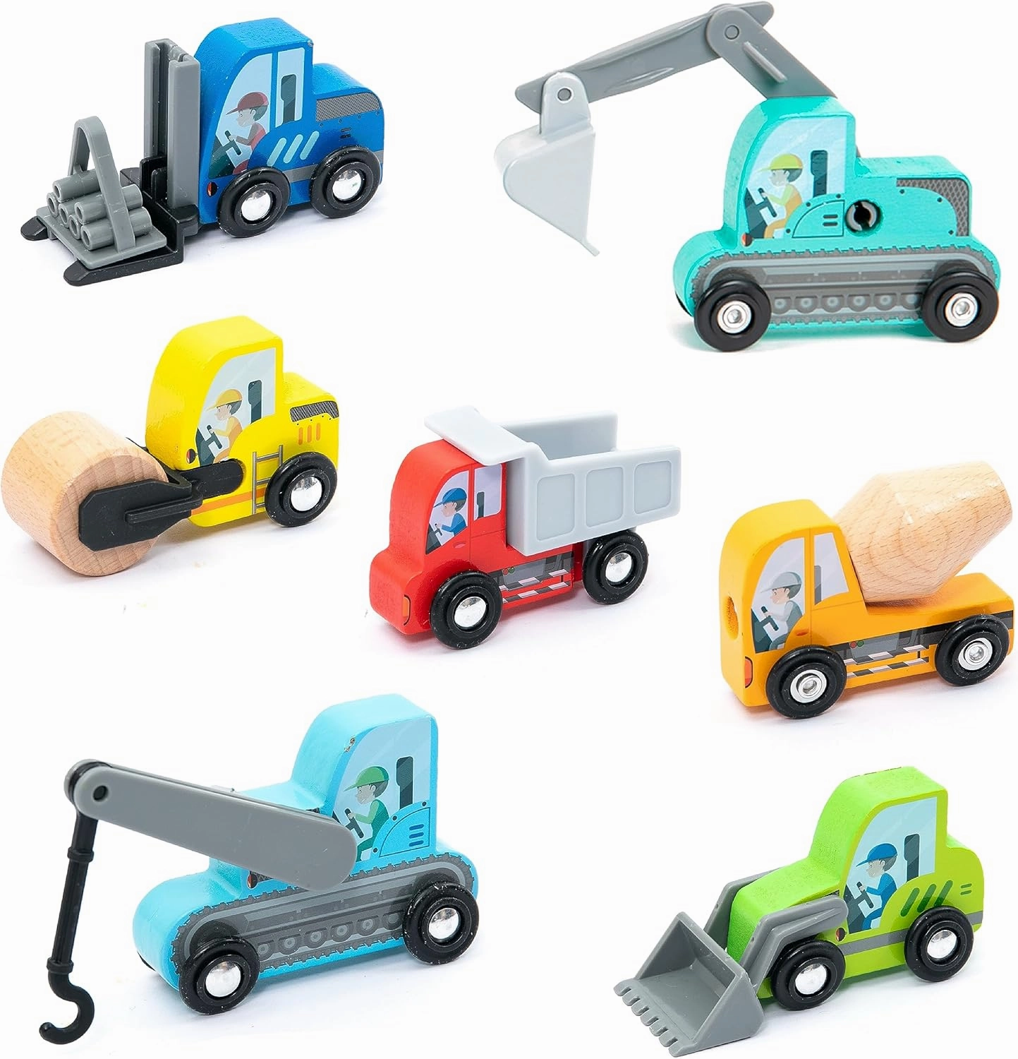 umu® Construction Toy Cars 7 PCS Wooden Kids Mini Vehicles for Toddlers, Compatible to Thomas Train Toys Railway and Major Brands, Best for 3 to 5 Year Old Boys and Girls