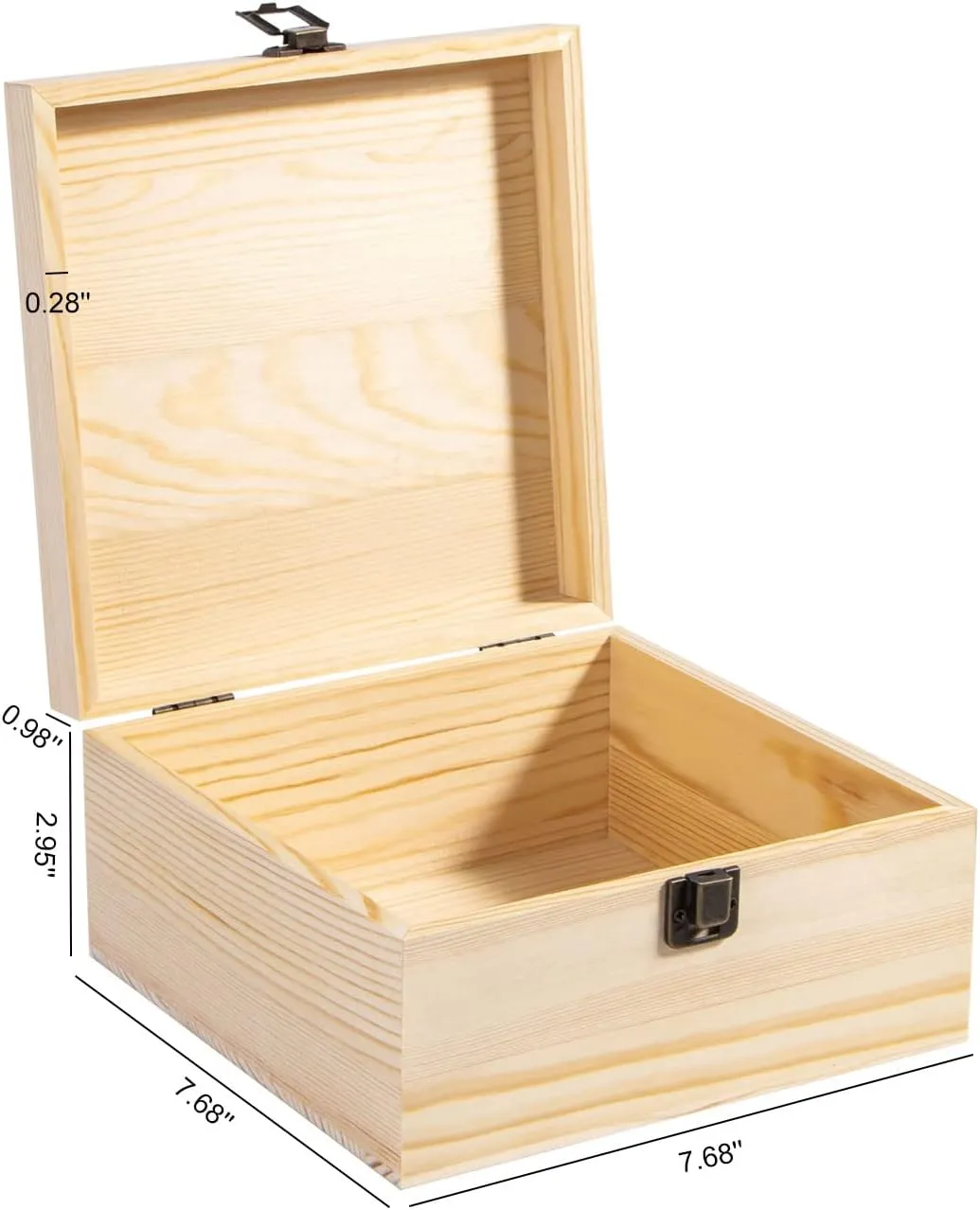 Unfinished Wooden Storage Box with Hinged Lid and Front Clasp, 7.7'' x 7.7'' x 3.9'' Keepsake Box, Rustic Wood Gift Boxes for Jewelry, Art Hobbies and DIY lovers