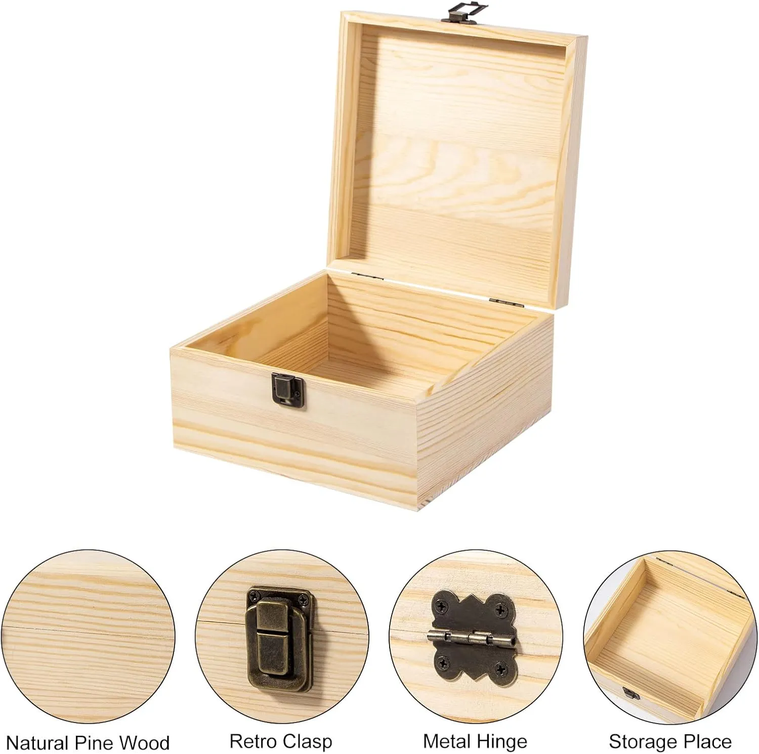Unfinished Wooden Storage Box with Hinged Lid and Front Clasp, 7.7'' x 7.7'' x 3.9'' Keepsake Box, Rustic Wood Gift Boxes for Jewelry, Art Hobbies and DIY lovers