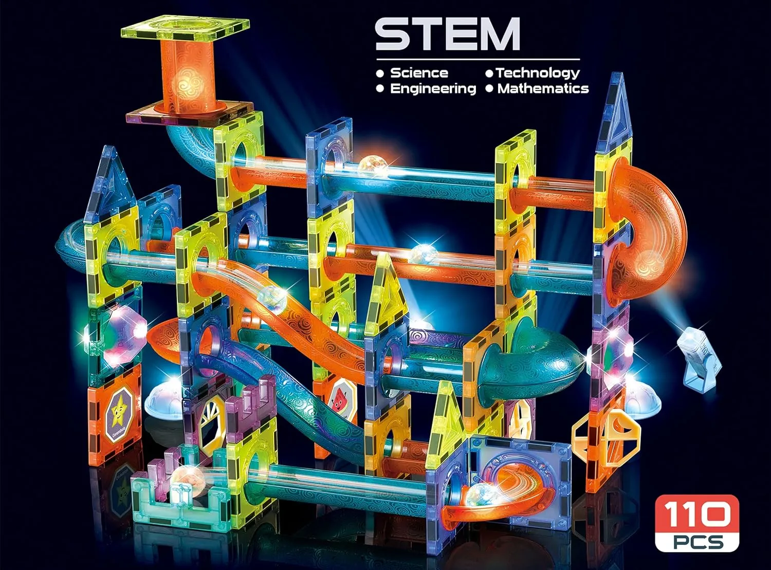 UNIQUE KIDS Magnetic Tiles Building Blocks with Marble Run STEM Toys STEAM Toys for Kids Ages 3-10 Year Old Boys Girls Best Christmas Birthday Gift (110 pcs)