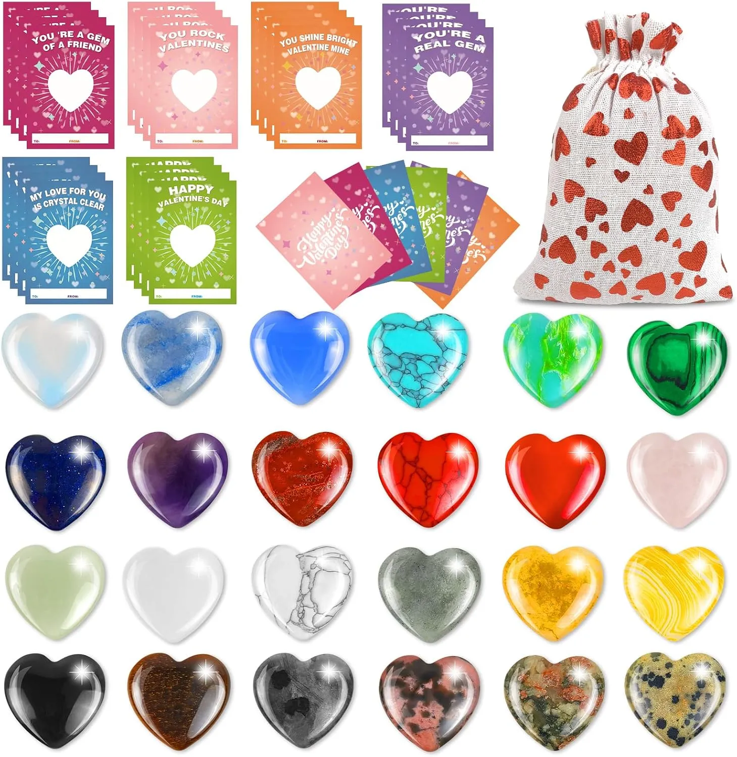 Valentines Day Cards for Kids School, 24 Set Valentines Day Gifts for Kids Classroom Exchange Gifts with Natural Heart Shape Gemstone Crystals Rocks Minerals Bulk, Prizes Party Favors Goody Bag Filler