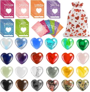 Valentines Day Cards for Kids School, 24 Set Valentines Day Gifts for Kids Classroom Exchange Gifts with Natural Heart Shape Gemstone Crystals Rocks Minerals Bulk, Prizes Party Favors Goody Bag Filler