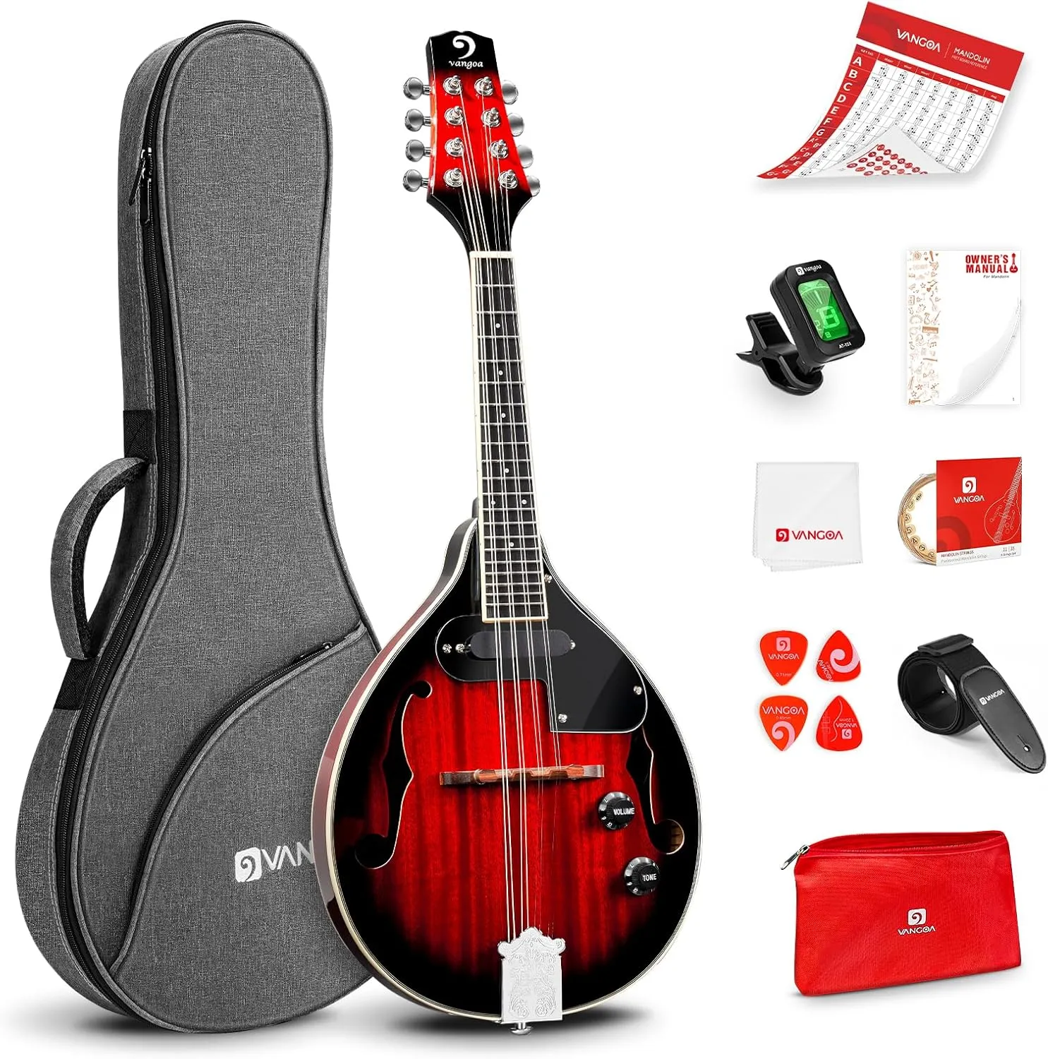 Vangoa Mandolin Musical Instrument A Style Acoustic Electric, 8 Strings Mahogany for Beginner Adults Teens, Red Burst