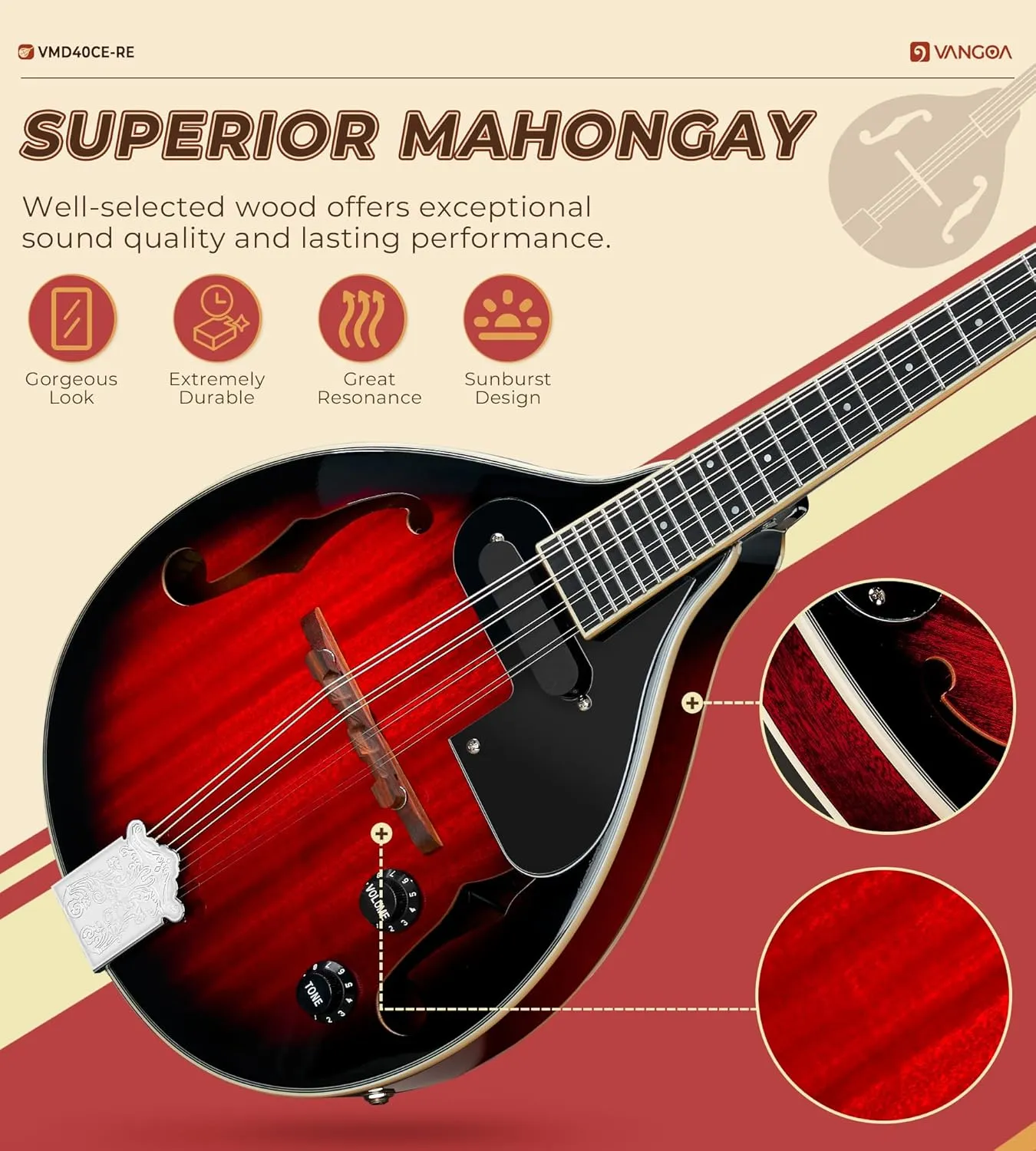 Vangoa Mandolin Musical Instrument A Style Acoustic Electric, 8 Strings Mahogany for Beginner Adults Teens, Red Burst