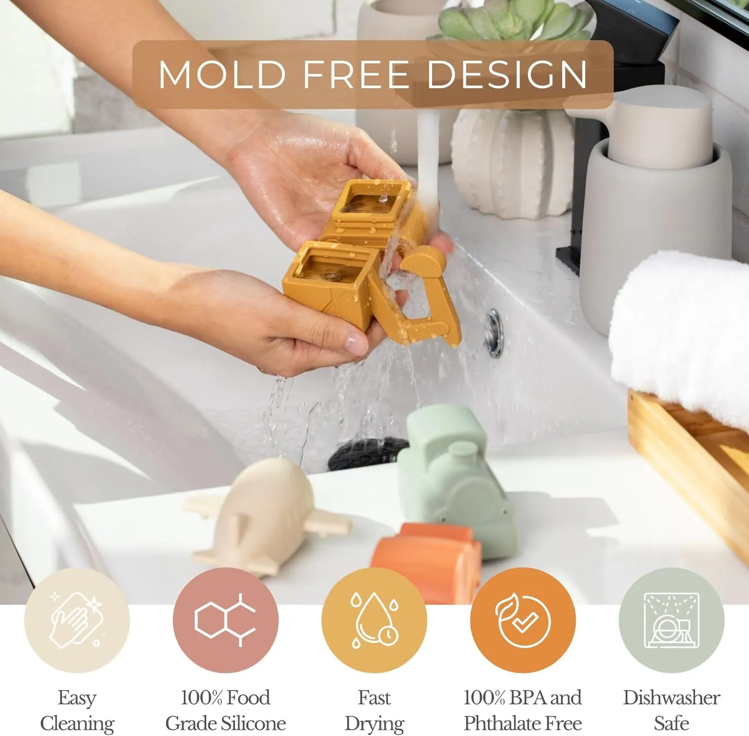Vehicle Bath Set, Non Toxic Aesthetic Toys for Baby and Toddler, Includes a Car, Plane, Excavator and Train, Perfect for Bathtub, Water Tables, and Beach Play