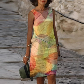 Vibrant Leaf Pattern Sleeveless Summer Dress | Lightweight Botanical Wear