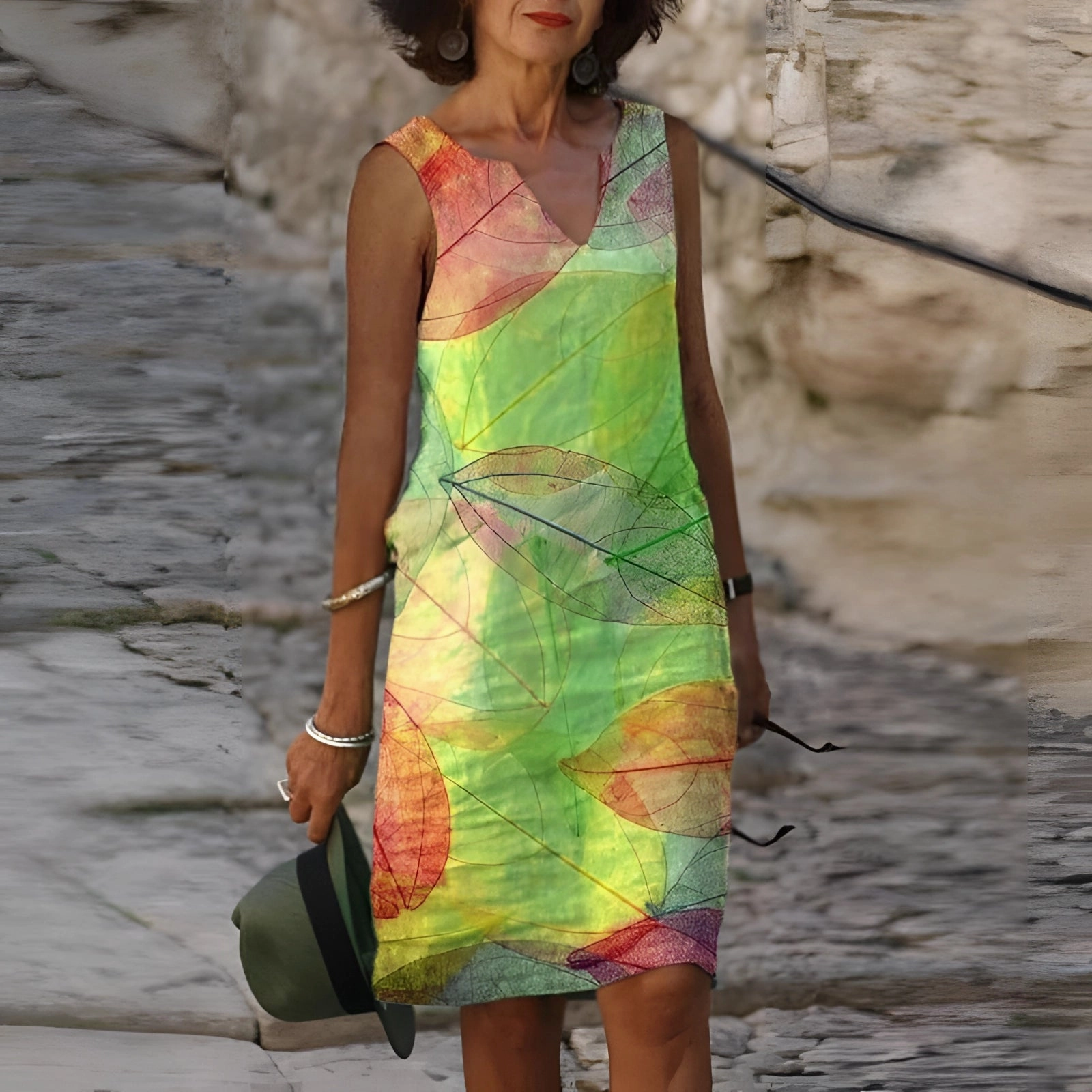 Vibrant Leaf Pattern Sleeveless Summer Dress | Lightweight Botanical Wear