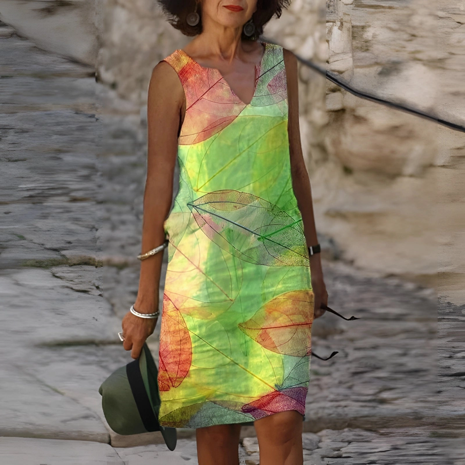 Vibrant Leaf Pattern Sleeveless Summer Dress | Lightweight Botanical Wear