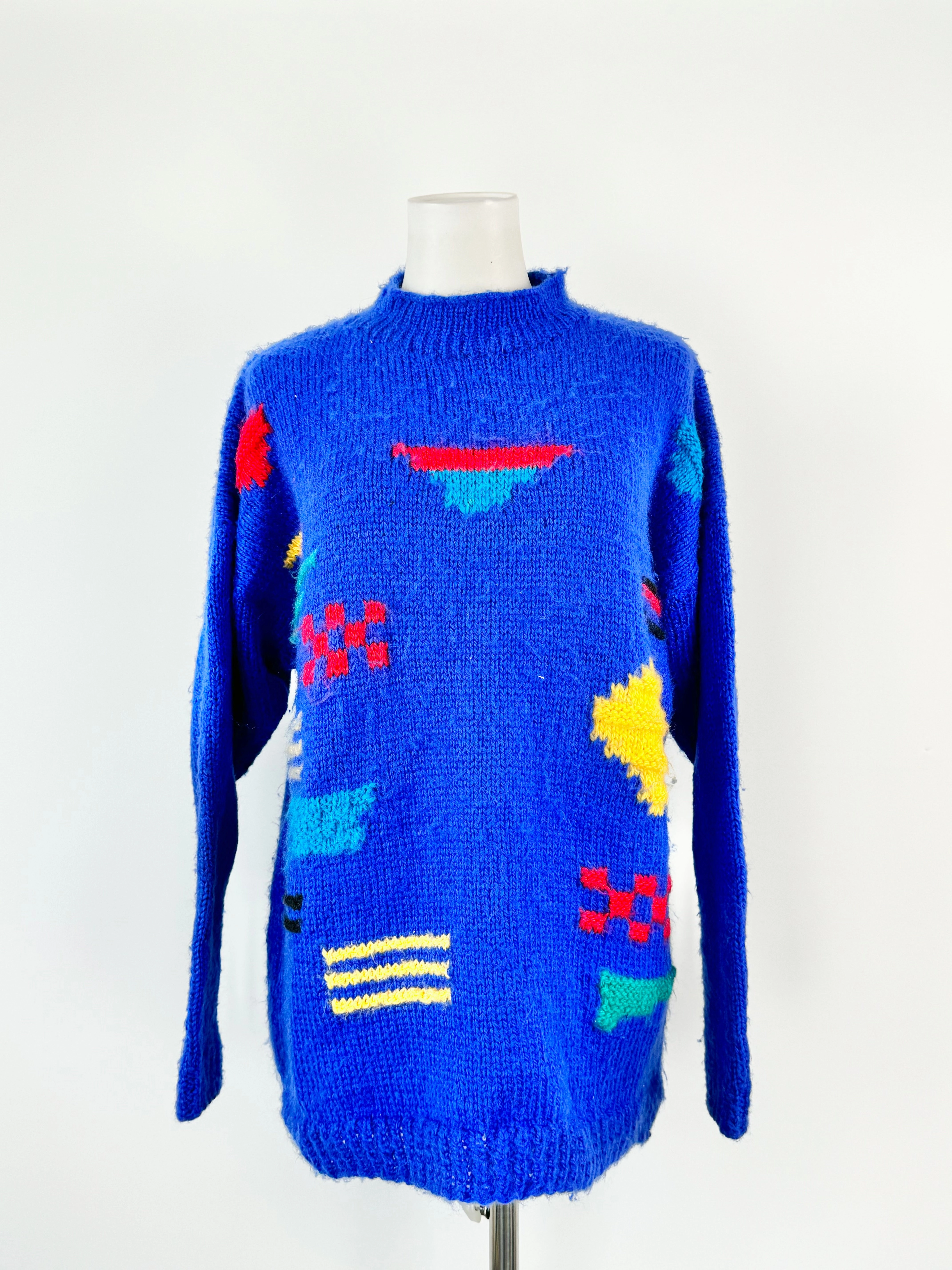 Vintage 80s Blue Hand Knitted Jumper - AU10