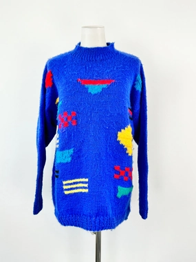 Vintage 80s Blue Hand Knitted Jumper - AU10