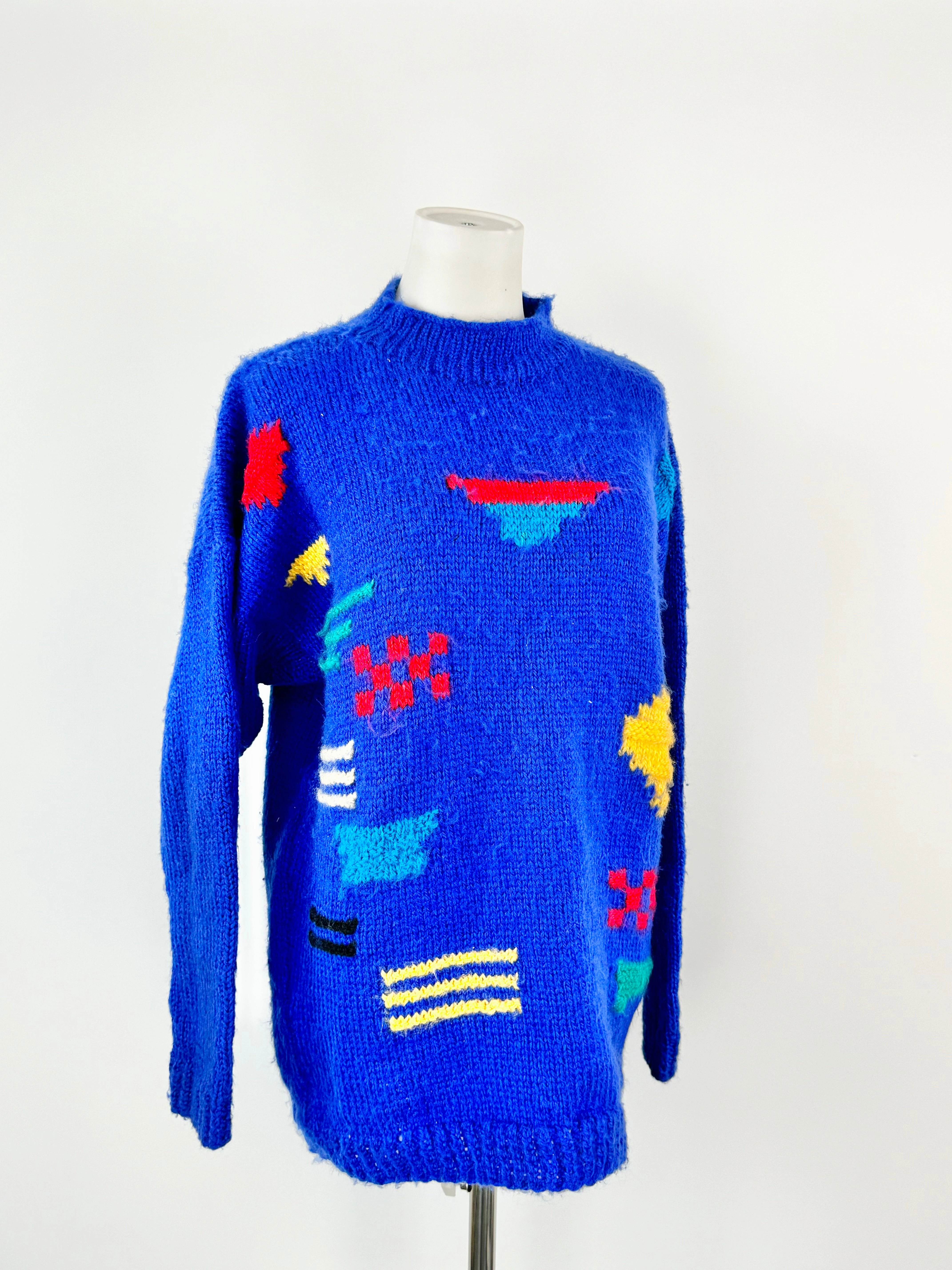 Vintage 80s Blue Hand Knitted Jumper - AU10