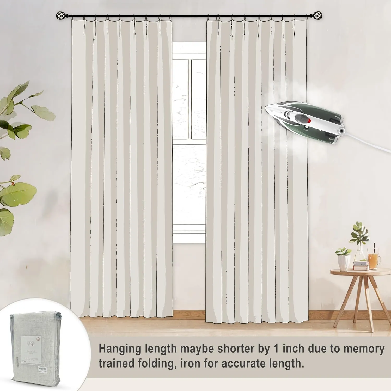 Vision Home Natural Pinch Pleated Full Blackout Curtains Linen Blended Room Darkening Window Curtains 95 inch for Living Room Bedroom Thermal Insulated Pinch Pleat Drapes with Hooks 2 Panel 40"Wx95"L