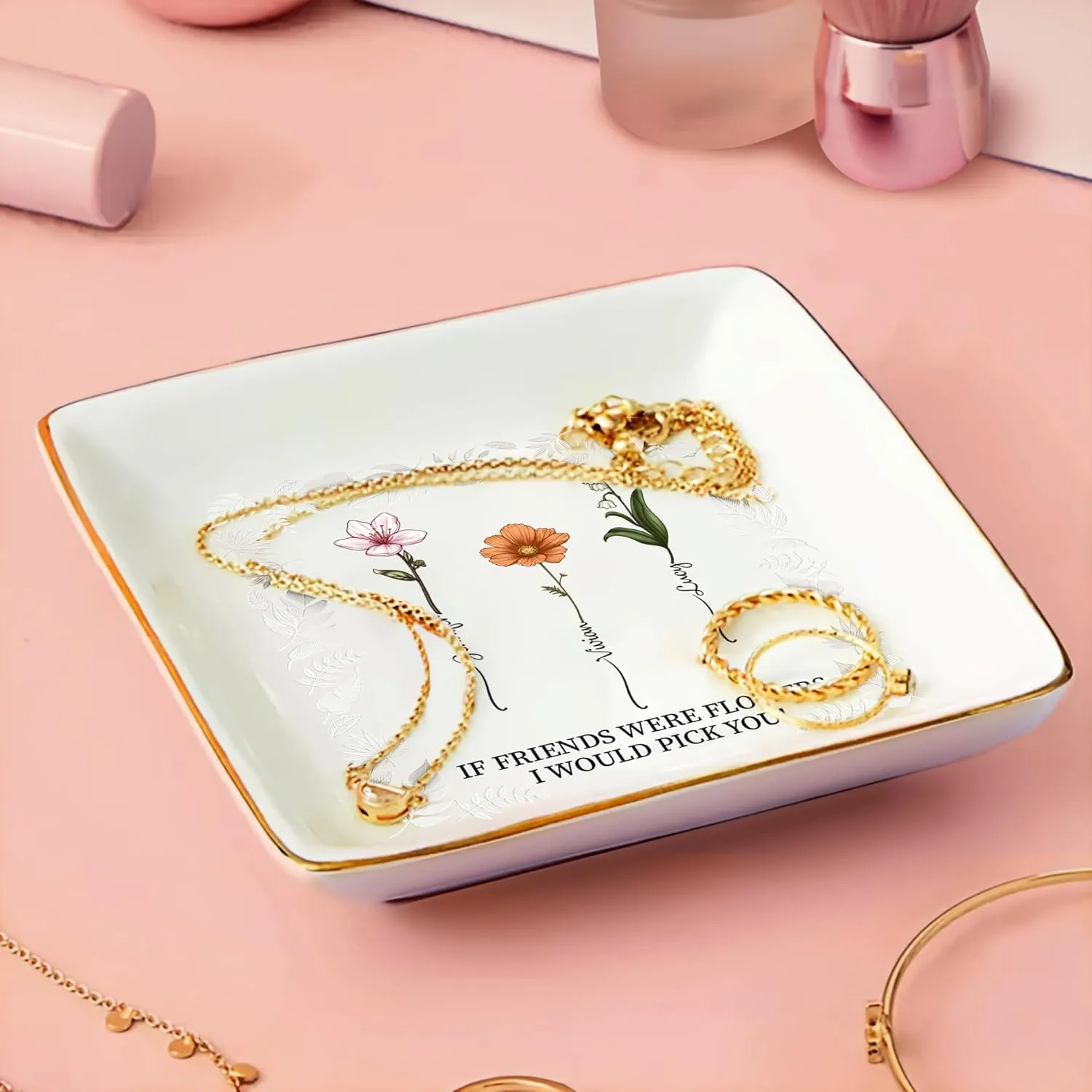 WANDER PRINTS Gift For Besties - Personalized Ring Dish - Birth Flower Grow An Old Friend (3 Friends)
