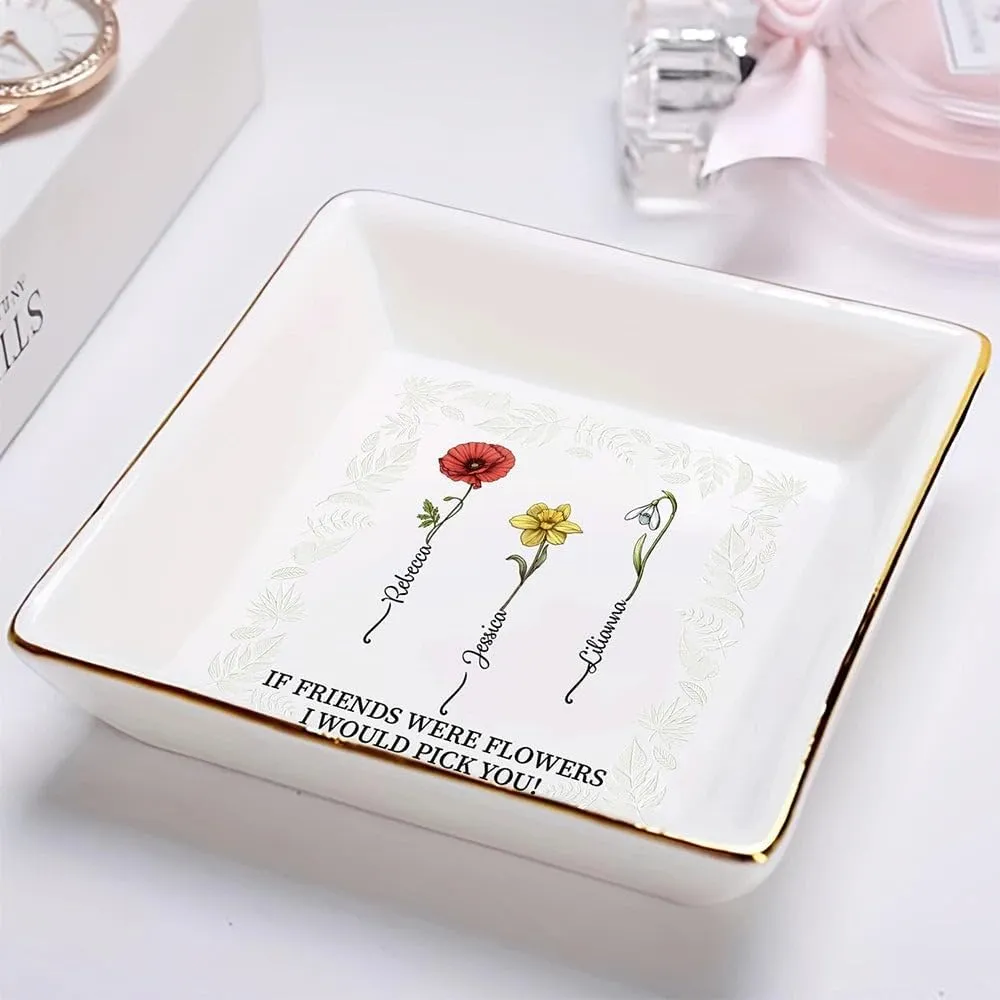 WANDER PRINTS Gift For Besties - Personalized Ring Dish - Birth Flower Grow An Old Friend (3 Friends)