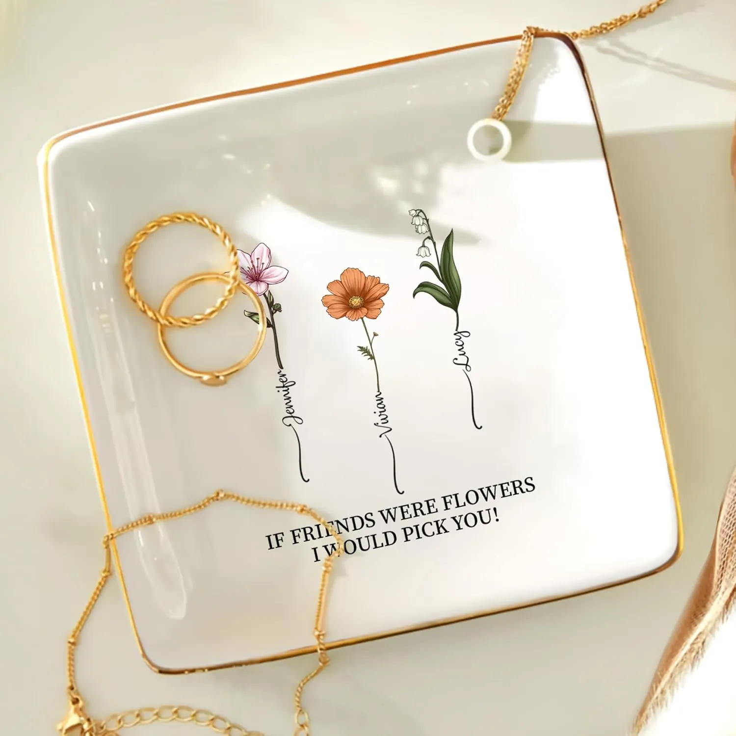 WANDER PRINTS Gift For Besties - Personalized Ring Dish - Birth Flower Grow An Old Friend (3 Friends)