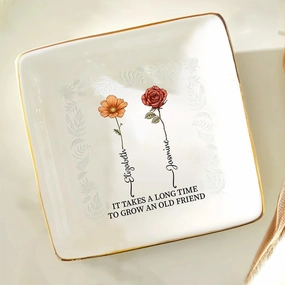 WANDER PRINTS Gift For Besties - Personalized Ring Dish - Birth Flower Grow An Old Friend (2 Friends)