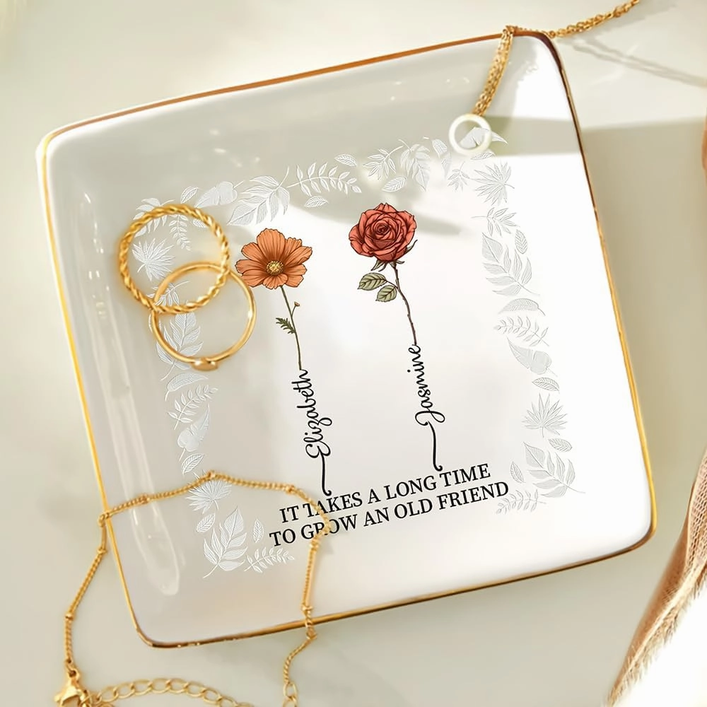 WANDER PRINTS Gift For Besties - Personalized Ring Dish - Birth Flower Grow An Old Friend (2 Friends)