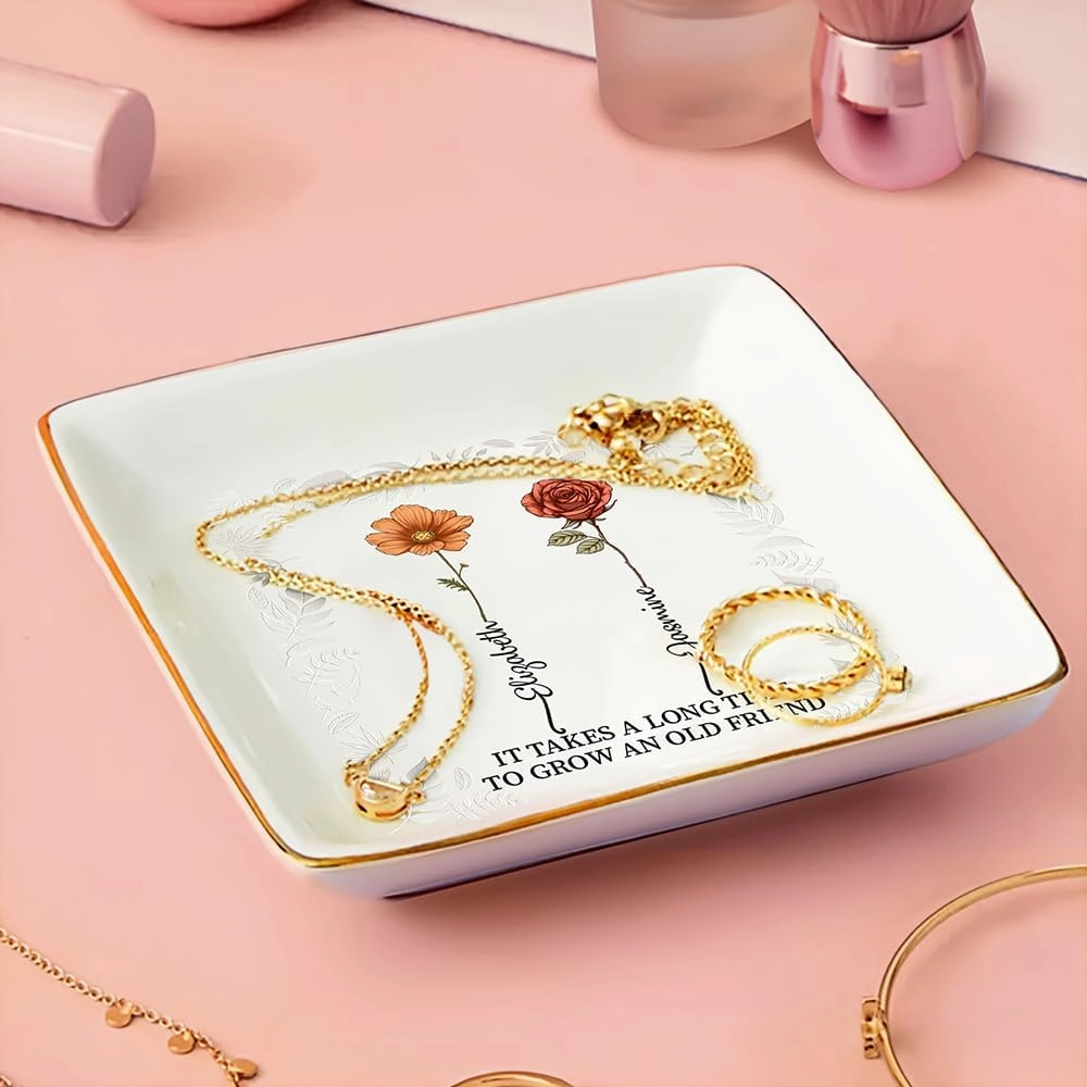WANDER PRINTS Gift For Besties - Personalized Ring Dish - Birth Flower Grow An Old Friend (2 Friends)
