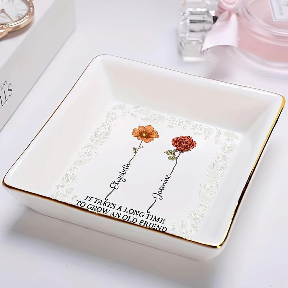 WANDER PRINTS Gift For Besties - Personalized Ring Dish - Birth Flower Grow An Old Friend (2 Friends)