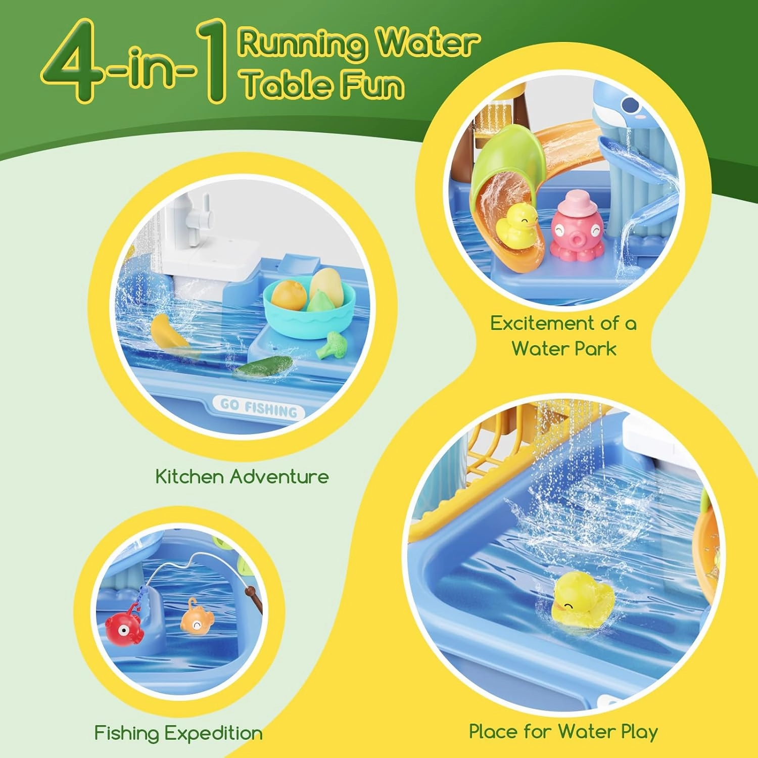Water Table for Toddlers 1-3, Water Table for Kids Ages 4-8 with Pump, Play Sink with Running Water, Kitchen Sink for Toddlers, Fishing Game and Outside Sensory Toys, Blue
